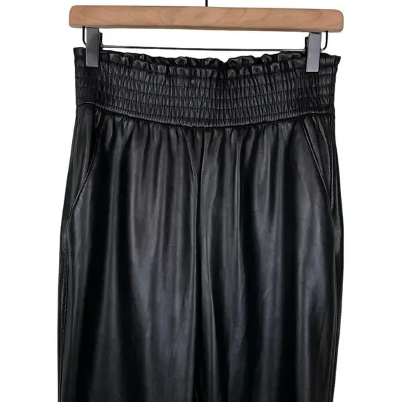 Joie Black Faux Leather High Smocked Waist Straight Leg Pull On Pants - Picture 2 of 6